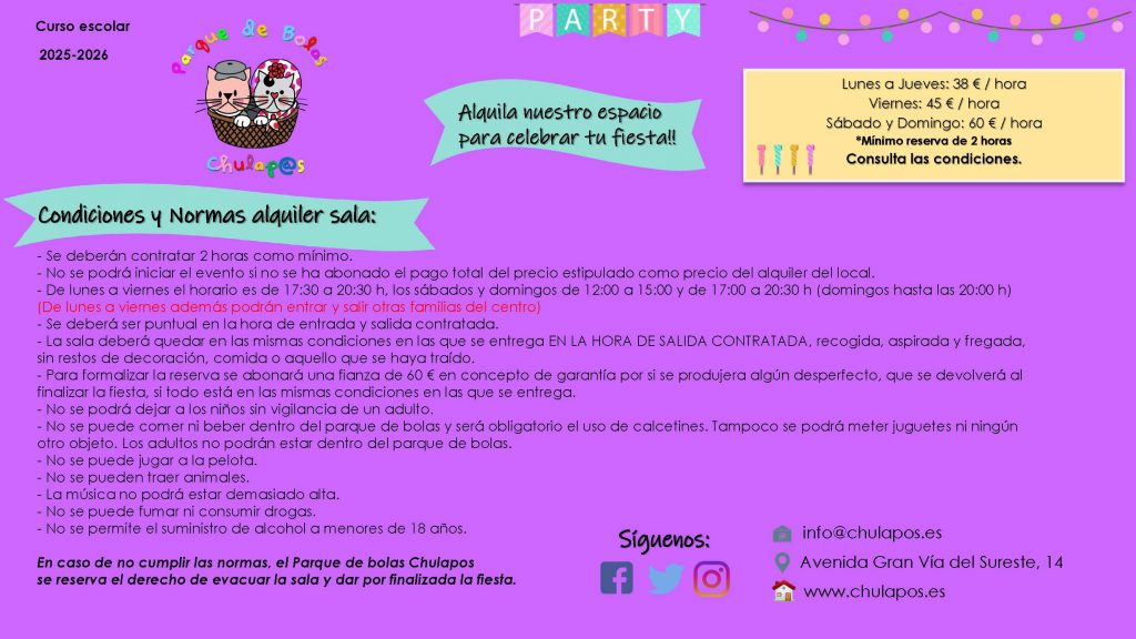 Información Alquiler Parque de Bolas Chulapos Hoja informativa 2025-2026